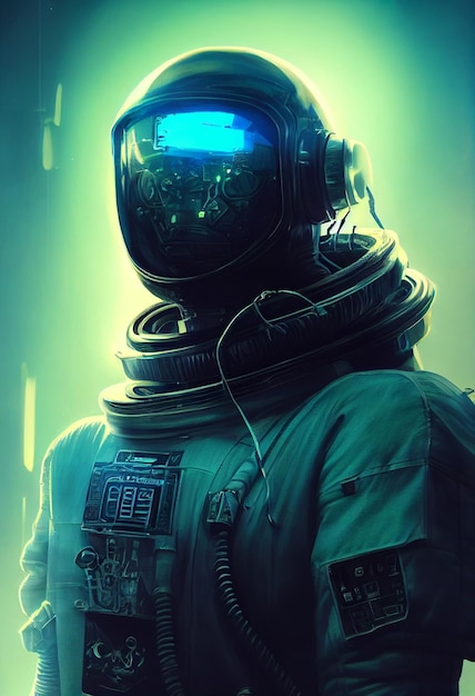 Epic movie portrait illustration cinematic of an astronaut with flowers inside the helmet Conceptual galaxy explorationMan from future video game or movieAI Neural Network Computer Generated Art