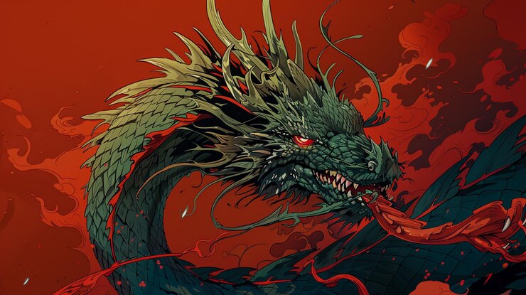 Photo epic mythical dragon in fiery sky with glowing eyes and detailed scales