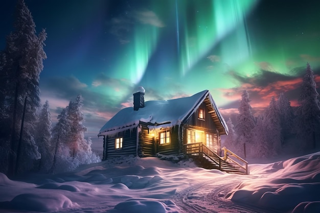 Эпическое северное сияние в небе над домом Красивая иллюстрация картинка Генеративный AI