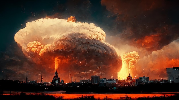 Esplosione nucleare epica sopra il cielo apocalittico della città spettacolare illustrazione artistica