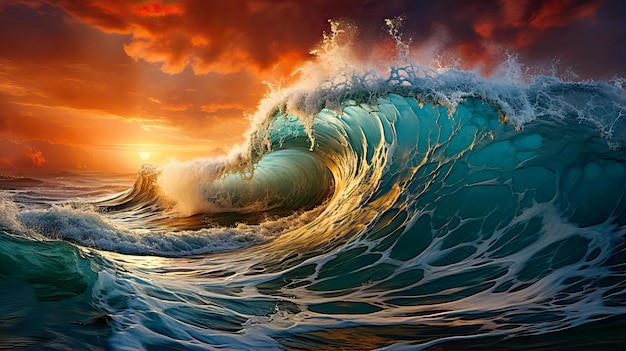 Epic Ocean Sea Wave Red and Blue Sky