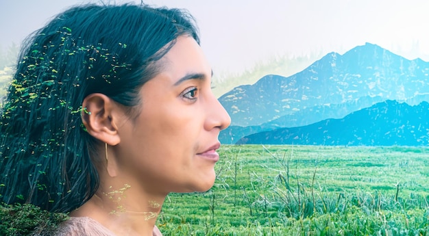 Photo epic portrait of a womans face on a double exposure type nature background