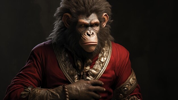 Фото Эпический портрет обезьяны в темном золотом и красном одеянии