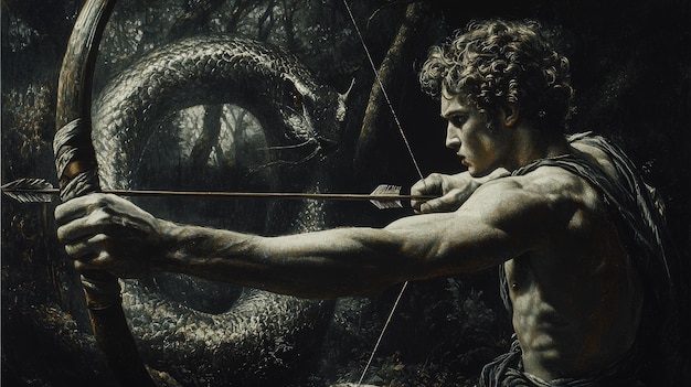 An epic portrayal of Apollo in the midst of battle drawing his bow and ...