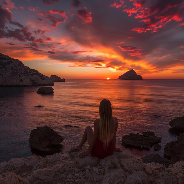 Epic red sunset in Cala Llentrisca with model Ibiza