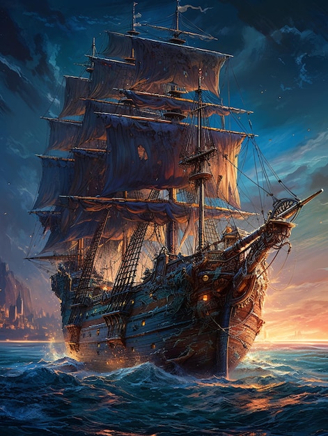 An epic sailing ship in a stormy ocean at sunset AI generated AI generative AI generativ