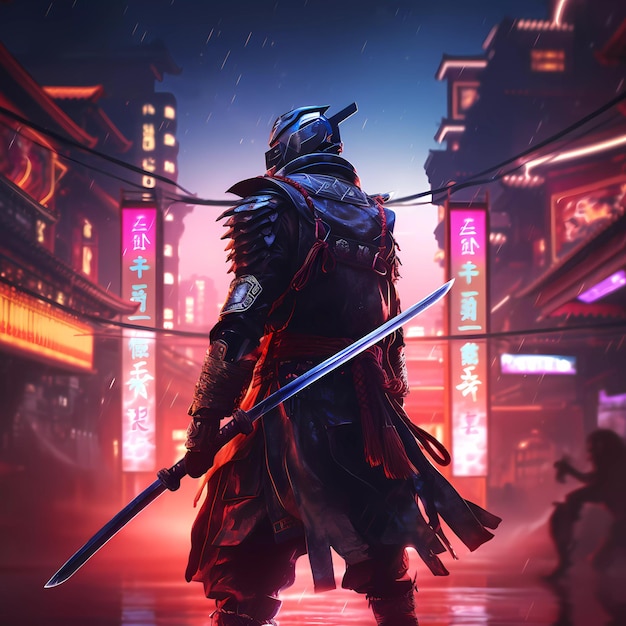 Epic samurai cyborg character in cyberpunk style