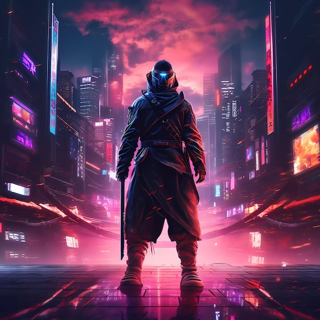 Epic samurai cyborg character in cyberpunk style