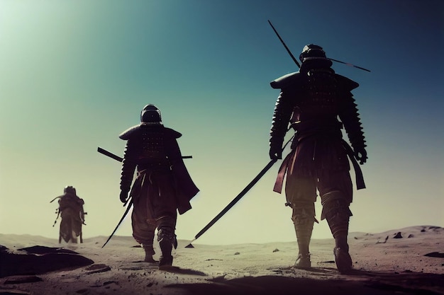 Epic shot high detail action film portrait of samurai walking on moonAI Generated Art