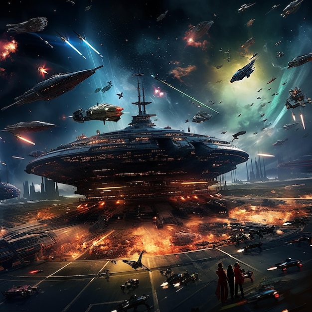 An epic space battle between futuristic starships in a galaxy