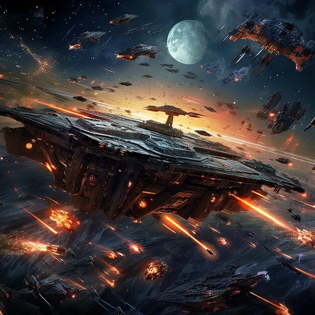 An epic space battle between futuristic starships in a galaxy