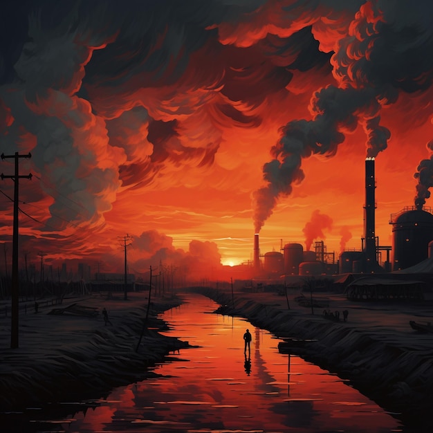 an epic sunset and a smoking factory