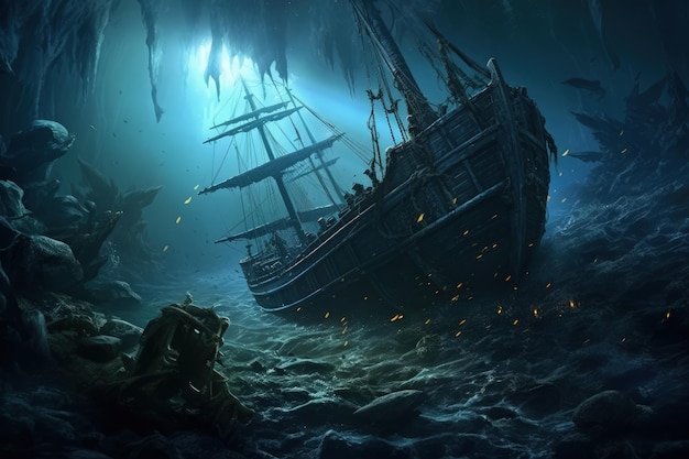 Epic underwater shipwreck scene generative ai