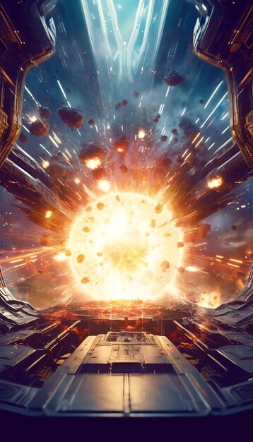 Epic view from inside out of a machine explosion in a futuristic alien technology spaceship