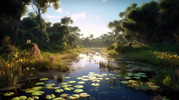 Epic view of swampy jungle with warm water in summer