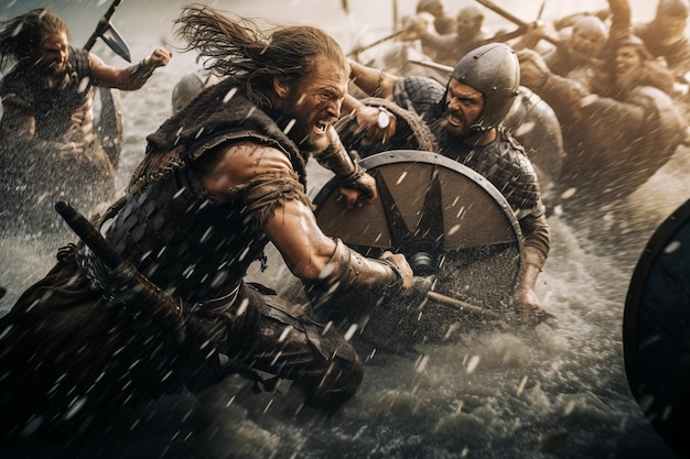 Epic vikings fight in battle among water splashes Generative AI