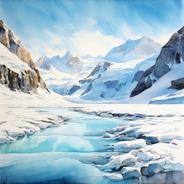 콜롬비아 얼음 ⁇ 의 서사시적인 수채화 그림 눈과 얼음에서