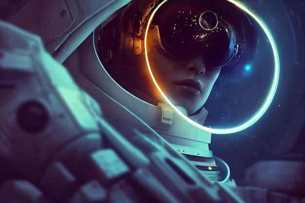 Donna epica astronauta illustrazione ritratto cinematografico astronauta cyberpunk illuminazione drammatica spazio epico immagine futuristica esplorare lo spazio e le galassie ai neural network computer generated art