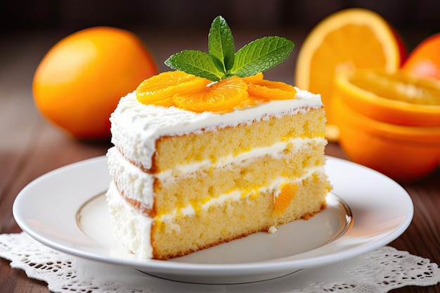 Epicurean delight orange cake with mandarin oranges on white plate fresh slice of delicious