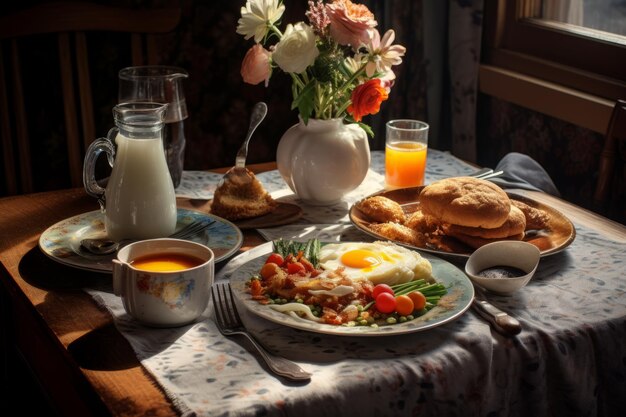 Foto epicureus delight een heerlijk ontbijt op een stijlvol ingerichte tafel