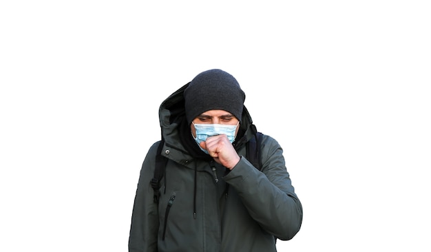 Эпидемия коронавируса. Человек в маске на белом фоне. Случаи опасного штамма гриппа. Пандемическое заболевание. Концепция проблемы со здоровьем. Атака вирусов.