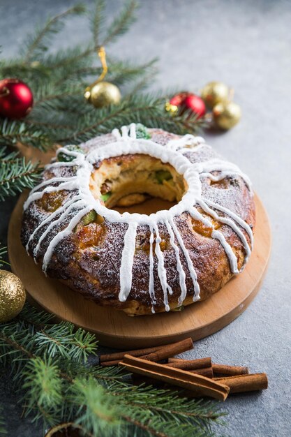 Epiphany cake, Kings cake, Roscon de reyes or Rosca de reyes. Traditional spanish christmas cake.