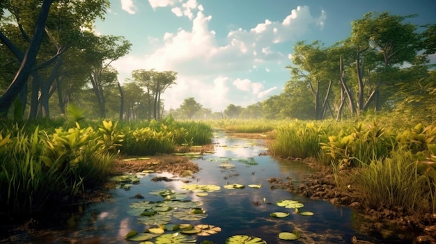 Episch uitzicht op moerassige jungle met warm water in de zomer