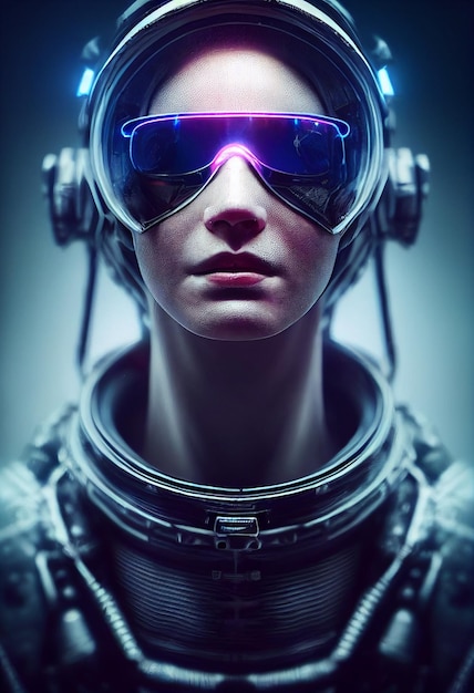 Epische 3D-portretillustratiefuturistische cyberpunk-astronautdramatische verlichting epische ruimte filmisch