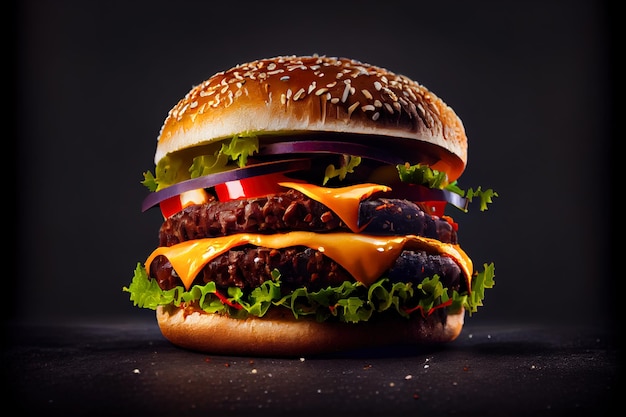 Epische cheeseburger Heerlijke dubbele cheeseburger met gesmolten kaas en sla op een gebakken krokant broodje 3d illustratie Generatieve AI