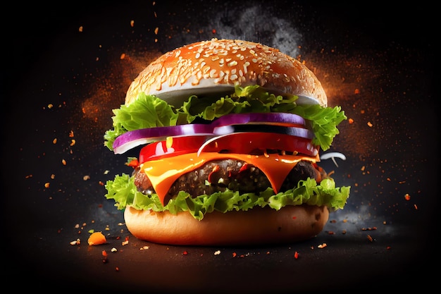 Epische cheeseburger Heerlijke dubbele cheeseburger met gesmolten kaas en sla op een gebakken krokant broodje 3d illustratie Generatieve AI