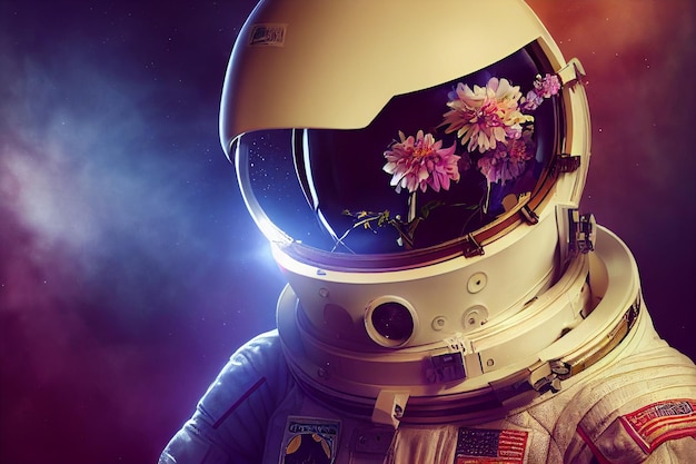 Epische filmportretillustratie filmisch van een astronaut met bloemen in de helm Conceptuele melkwegexploratieMan uit toekomstige videogame of filmAI Neural Network Computer Generated Art