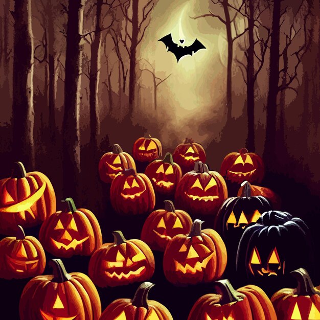 Epische halloween kwade pompoen in het bos op halloween nacht illustratie halloween pompoen
