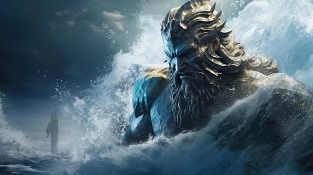 Epische Poseidon-illustratie God van de zee bij een rusteloze kust