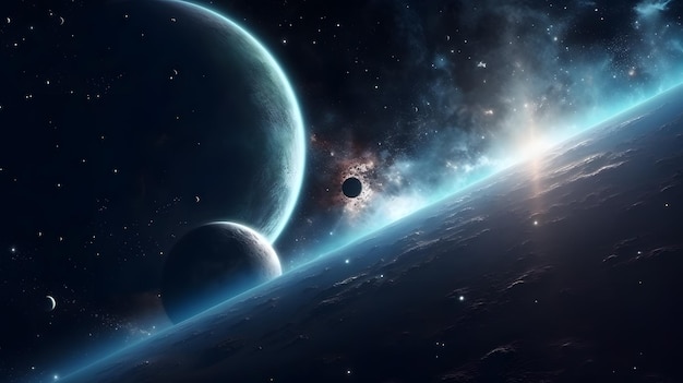 Epische ruimtescène met grote planeten en fantasielandschap op de achtergrond interstellaire scifi-setting met planeet en sterren