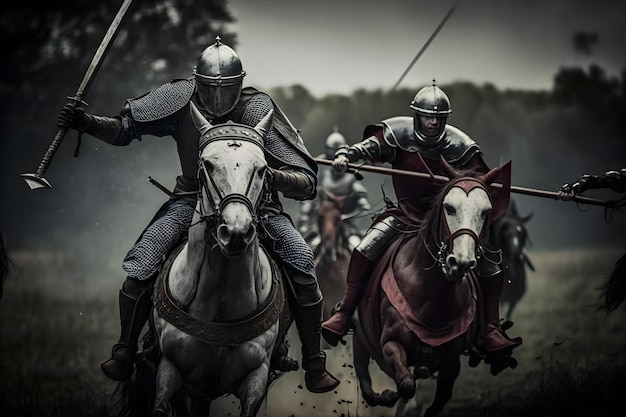 Epische slagveldlegers van middeleeuwse ridders die vechten met zwaarden Neuraal netwerk gegenereerd door AI