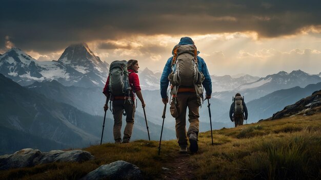 Foto epische verkenning avonturiers trekken door ongerepte wildernis