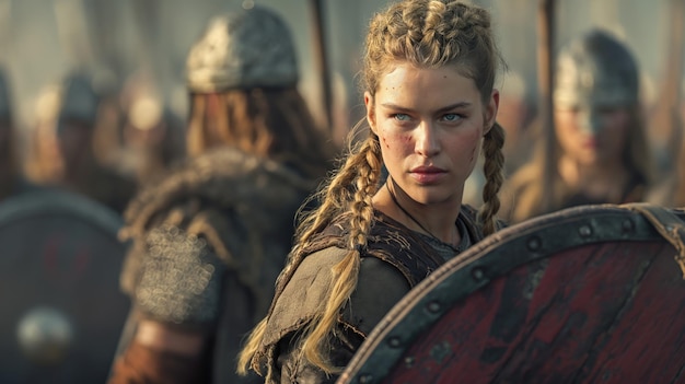 Foto epische vikingkrijger een filmische gevechtsscène met een vastberaden schildmaagd die haar troepen int