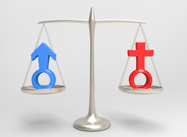 equality of blue Male and red female gender sign on silver balance scale