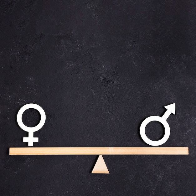 Photo equality between female and male gender symbols on seesaw