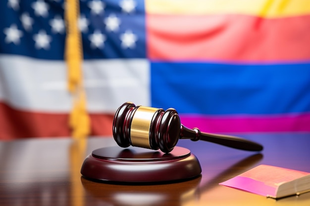 Equality Verdict Rainbow Flag and Gavel on a Desk