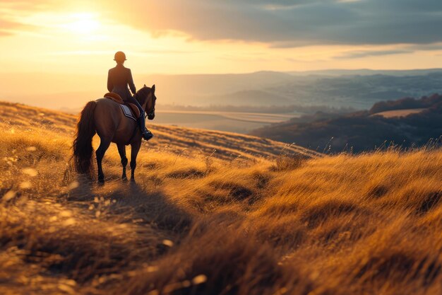 写真 ゴールデン フィールド の 夕暮れ の 騎乗