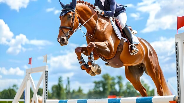 Photo equestrian athlete in midjump over obstacle on sunny day show jumping horse and rider competitive sports and elegance combined ai