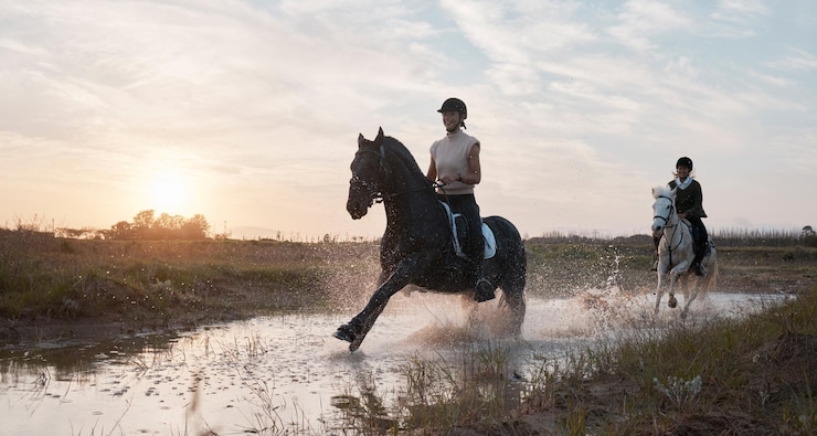 Photo equestrian horse riding and water with friends in countryside together for saddle training environment sports and sunset with people on horseback for adventure journey or travel in nature