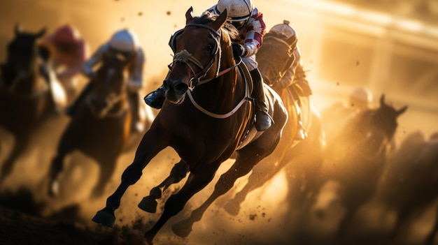 Equestrian Speed Horse Racing in Golden Sunset Light