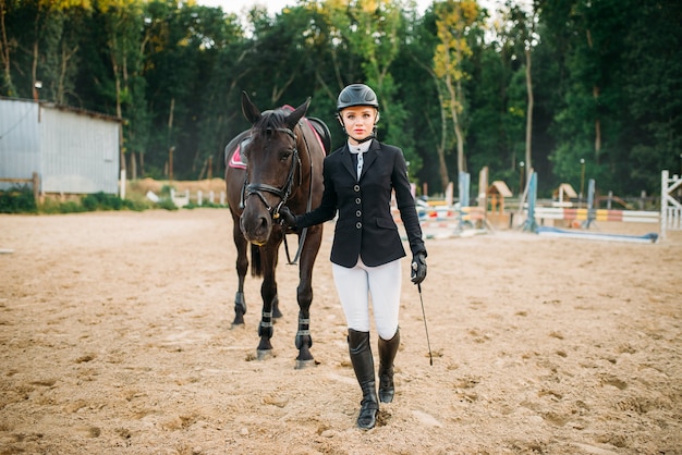 Foto sport equestri, fantino femminile e cavallo. stallone marrone, equitazione, tempo libero con animali