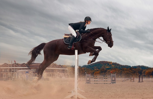 Photo equestrian sport young girl rides on horse on championship