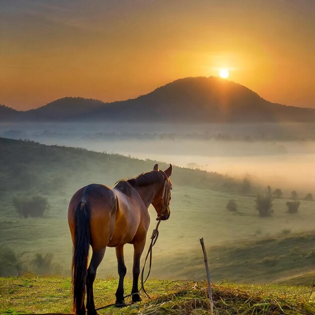 Photo equestrian sunrise majestic horses await the breaking dawn