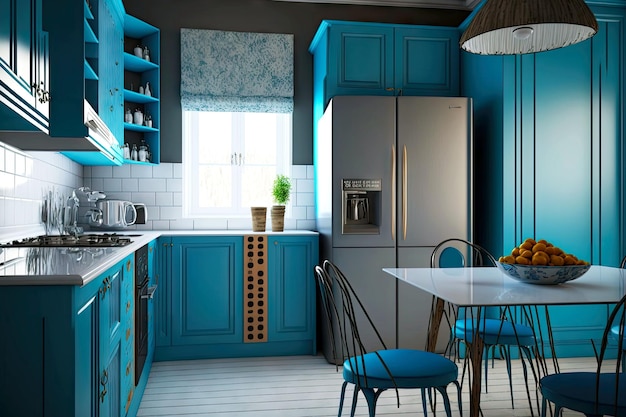 Equied kitchen in home interior blue with stylish furniture