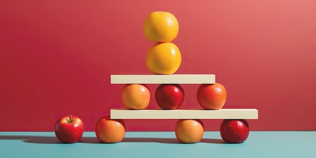 사진 평형 음식 균형 다이어트 개념 균형 피라미드 또는 과일 탑 generative ai