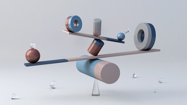 Equilibrium stilleven installatie, geometrische vormen in evenwicht. Abstracte illustratie, 3D-rendering.